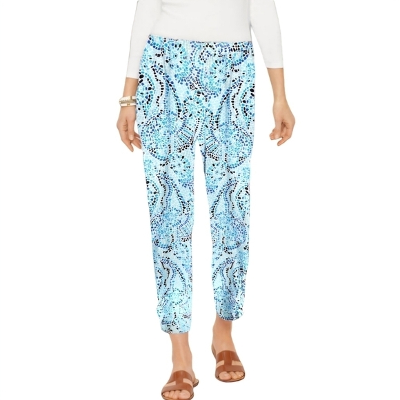 Talbots Womens Vibrant Blue Print Pants 100% Cotton With Adjustable Strap Sz M - Picture 1 of 10
